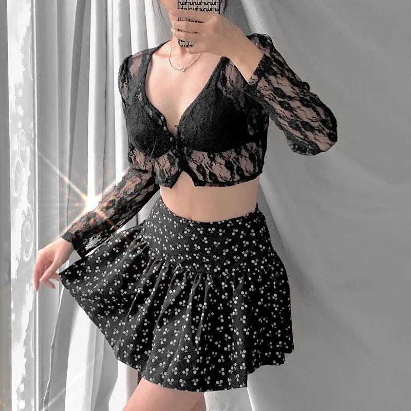 Glorol - Lace See Through Long Sleeve V Neck Slim Top