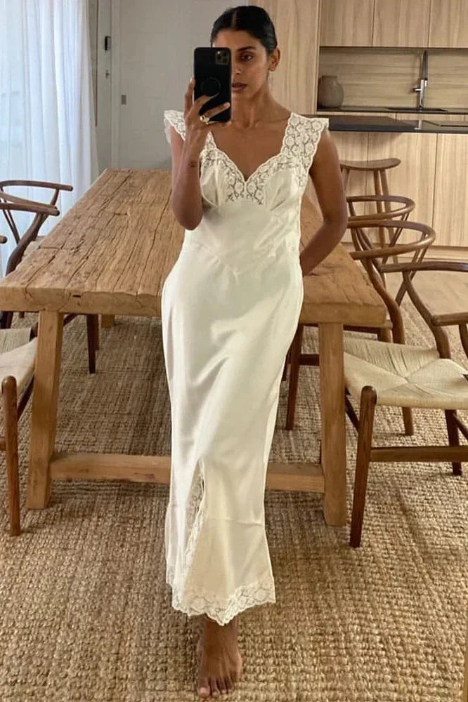 V-Neck Patchwork Sleeveless Lace-Up Maxi Dress