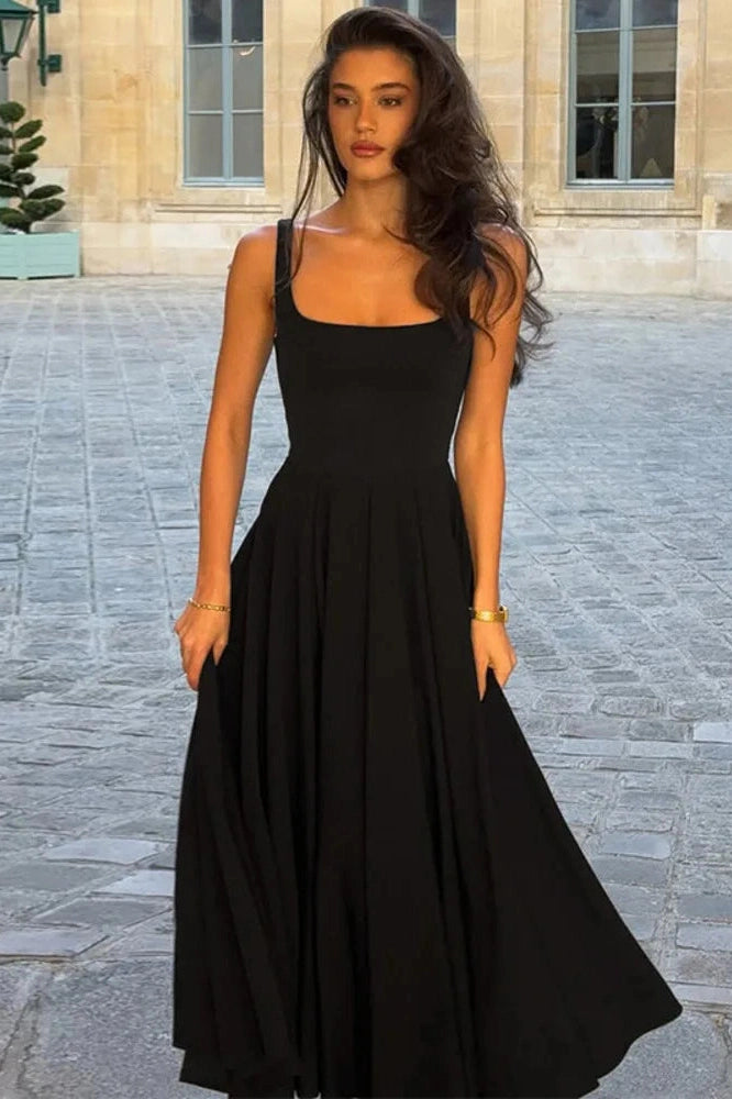 Glorol - Spaghetti Strap Backless High Waist A-line Pleated Maxi Dress
