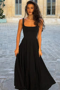 Glorol - Spaghetti Strap Backless High Waist A-line Pleated Maxi Dress