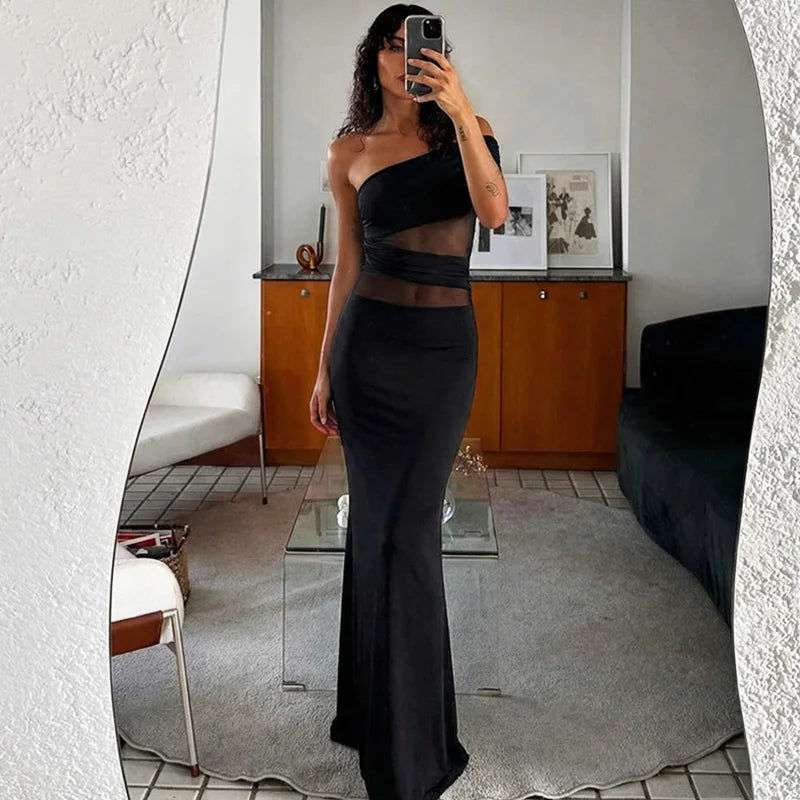 Glorol - See Through Patchwork Off Shoulder Sleeveless Maxi Dress