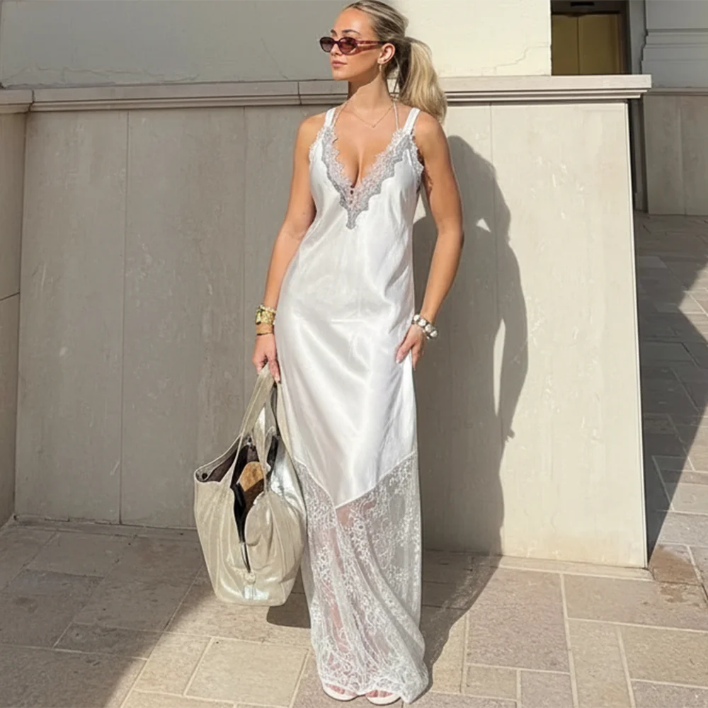 Glorol - Lace Patchwork V Neck See Through Sleeveless Maxi Dress