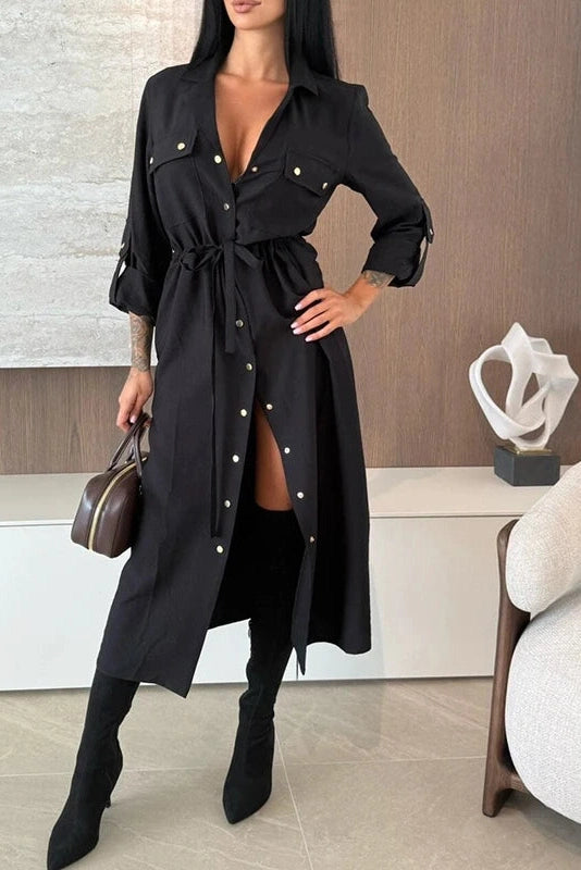 Glorol - Elegant Single Breasted Lace Up High Waist Midi Dress
