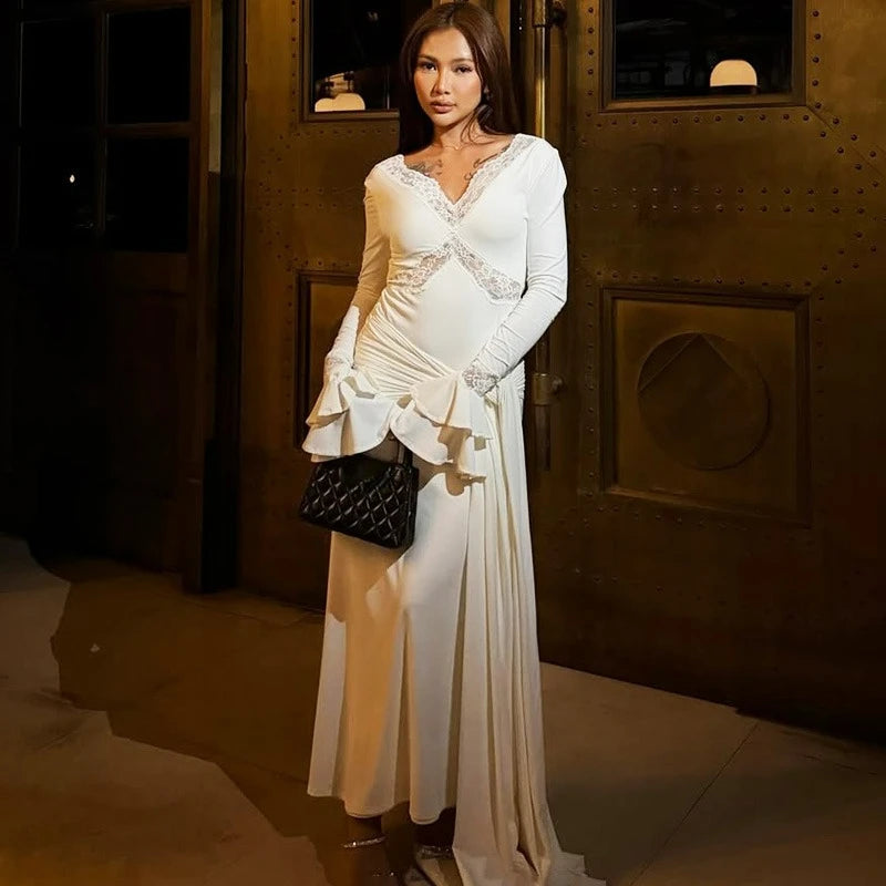 Glorol - Elegant Hollow Out V-Neck Patchwork Maxi Dress