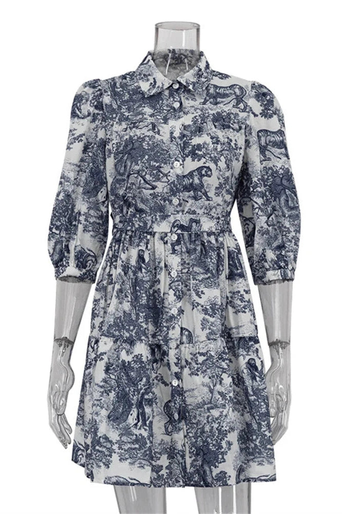 Glorol - Printed Lace-Up High Waist Short Sleeve Mini Dress
