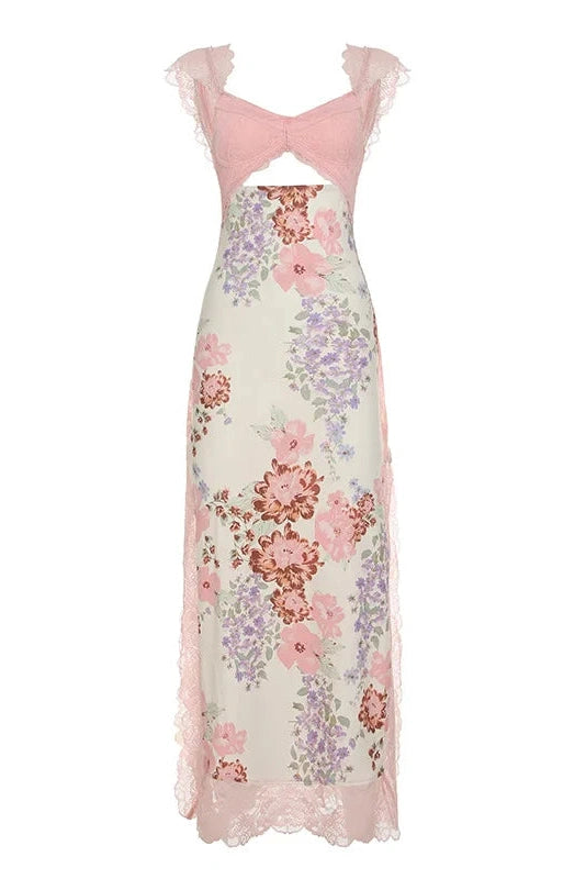 Glorol - Printed Split Lace Sleeveless Backless Irregular Maxi Dress