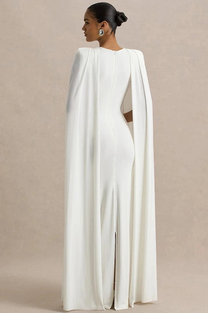Glorol - Cape Sleeve Zipper O Neck High Waist Split Maxi Dress