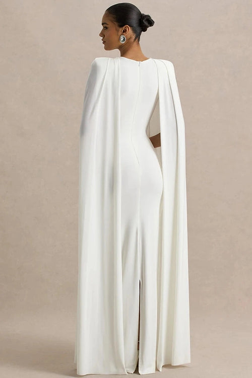 Glorol - Cape Sleeve Zipper O Neck High Waist Split Maxi Dress