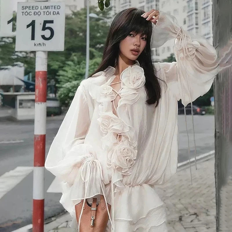 Glorol - See-Through Lace Up Long Sleeve Mini Dress