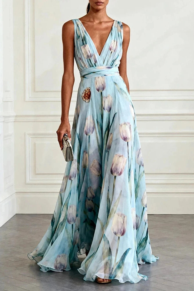 Glorol - Sleeveless Pleated Printed High Waist V-Neck Maxi Dress