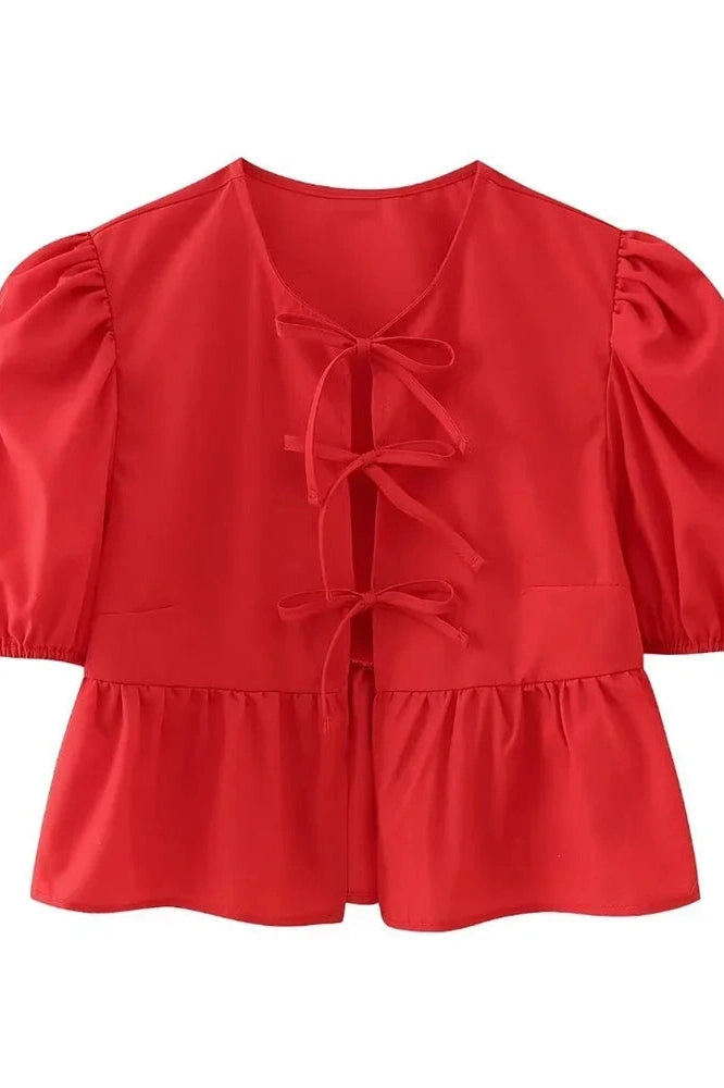 Glorol - Hollow Out Printed Short Sleeve Lace-Up Slim Top