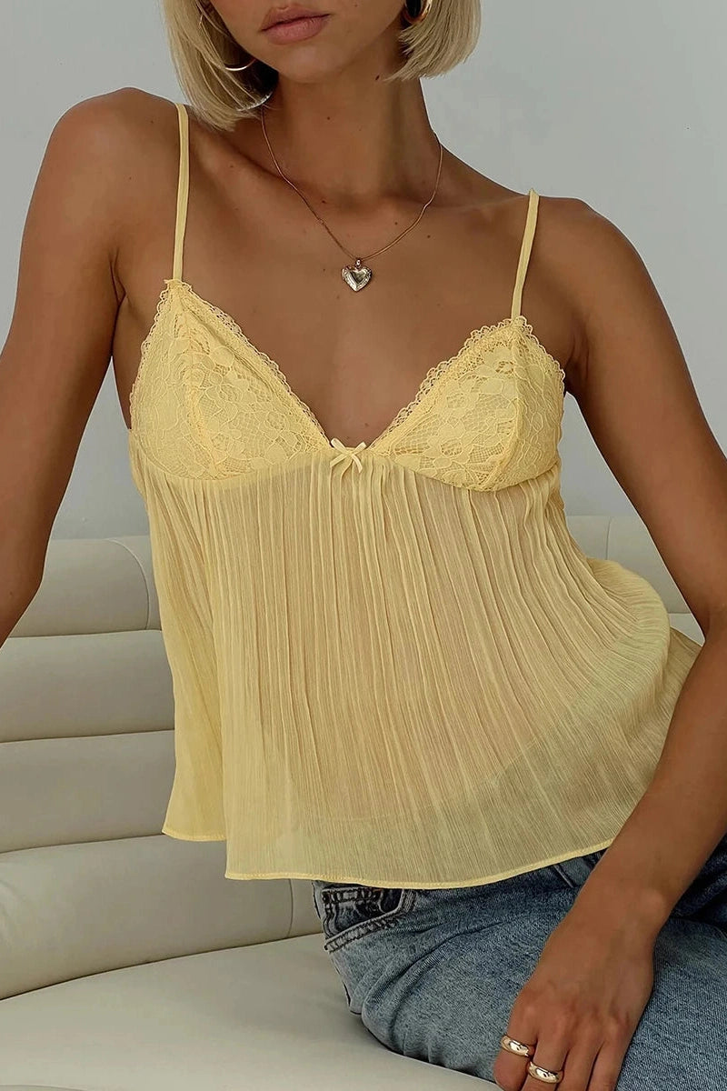 Glorol - Pleated Spaghetti Strap V-Neck Lace Top
