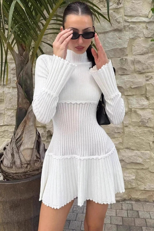 Glorol - Elegant Slim Knitted Turtleneck Sleeves High Waist Mini Dress