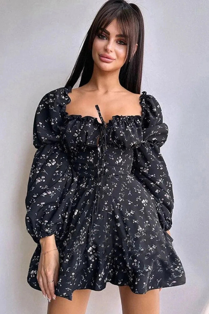 Glorol - Long Puff Sleeve Square Collar Backless Mini Dress