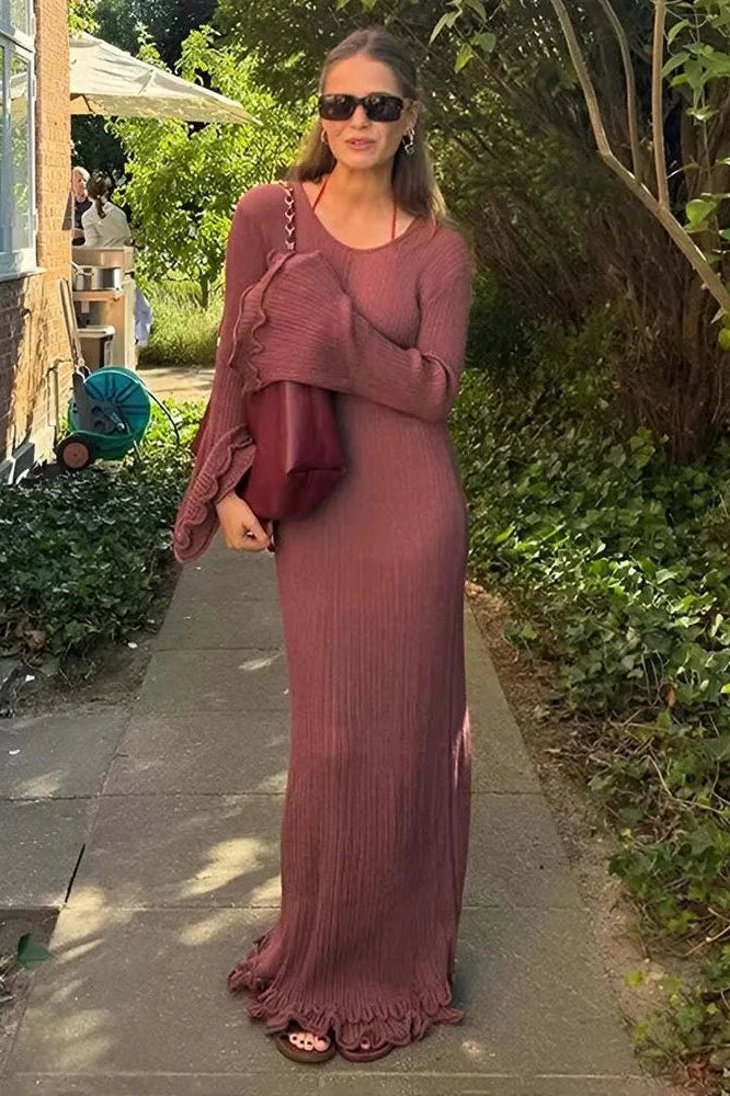 Glorol - Elegant Pleated Knit Lace-Up Long Sleeve Loose Maxi Dress