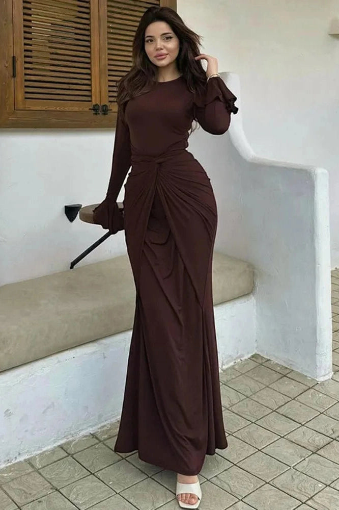 Glorol - Elegant Long Sleeve O Neck High Waist Maxi Dress
