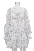 Glorol - Printed Lace-Up Square Collar Patchwork Mini Dress