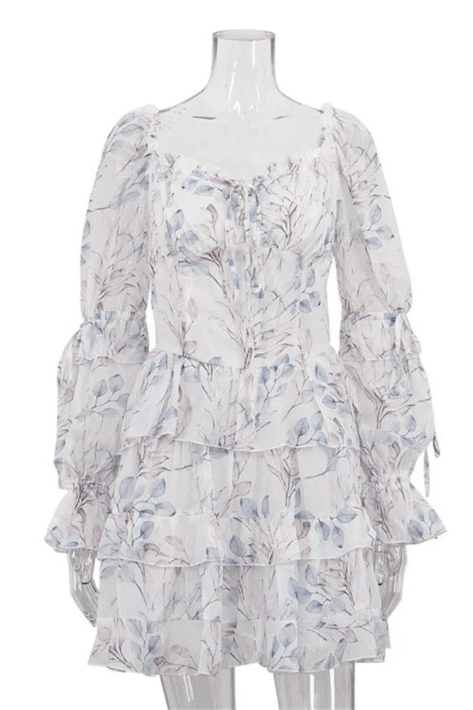 Glorol - Printed Lace-Up Square Collar Patchwork Mini Dress