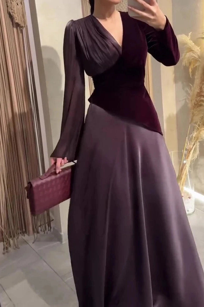 Glorol - Long Sleeve V-Neck High Waist Pleated Maxi Dress