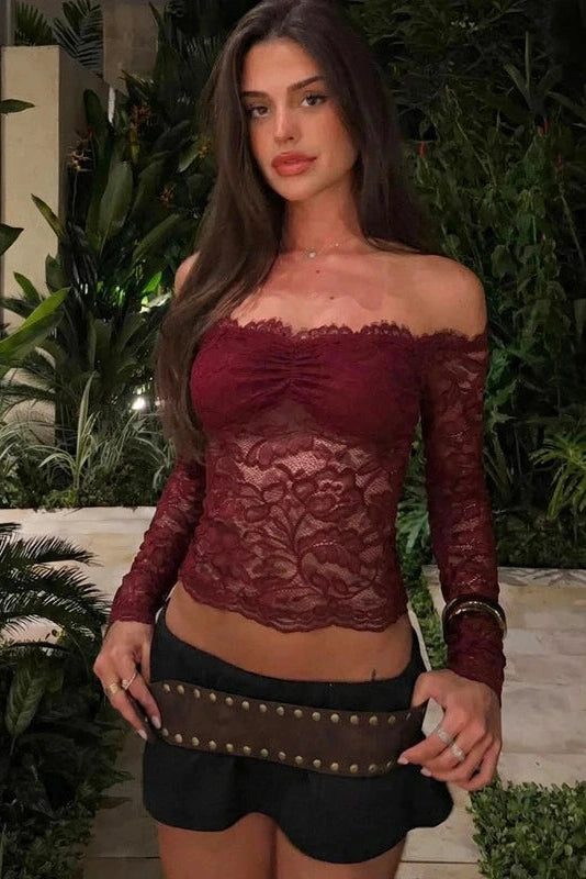 Glorol - Hollow-Out Off-Shoulder Lace Slim Long-Sleeve Top