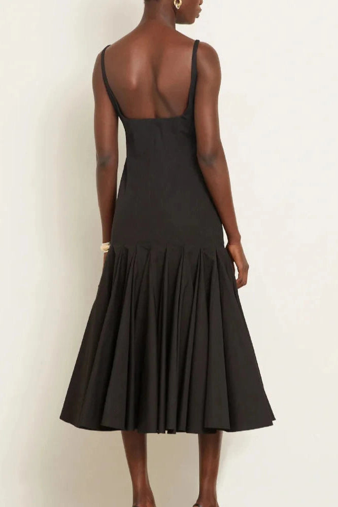 Glorol - Spaghetti Strap Backless Sleeveless High Waist Pleated Midi Dress