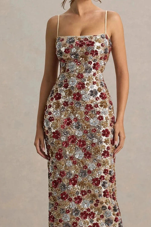 Glorol - Elegant Backless Sleeveless Floral Printed Maxi Dress