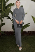 Glorol - Patchwork Long Sleeve Backless Slim Maxi Dress