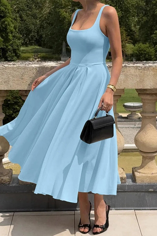Glorol - Elegant Square Collar Sleeveless High Waist Pleated Maxi Dress
