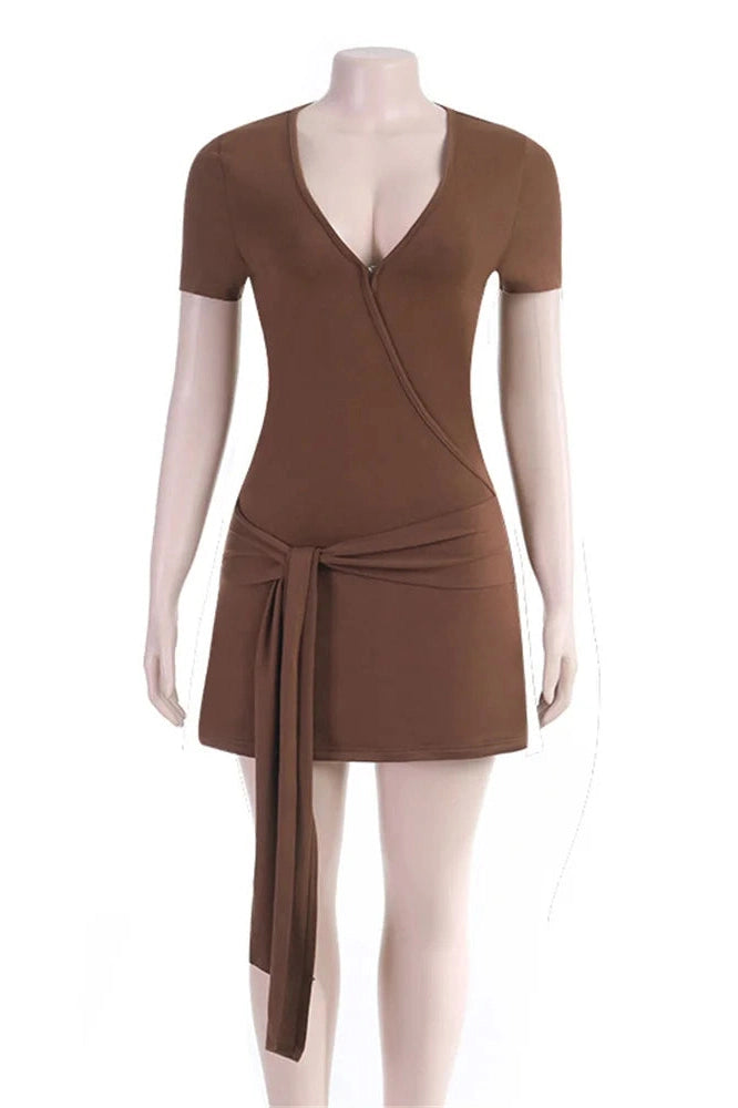 Glorol - Lace-Up V-Neck Short Sleeve Loose Patchwork Mini Dress