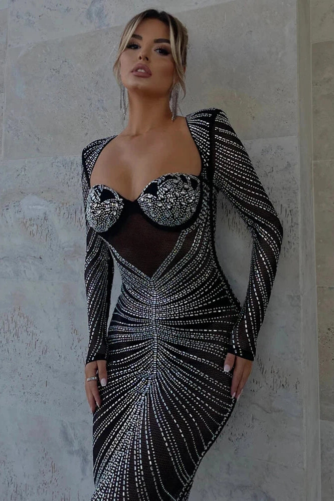 Glorol - Glitter See Through Full Sleeve Bodycon Maxi Dress