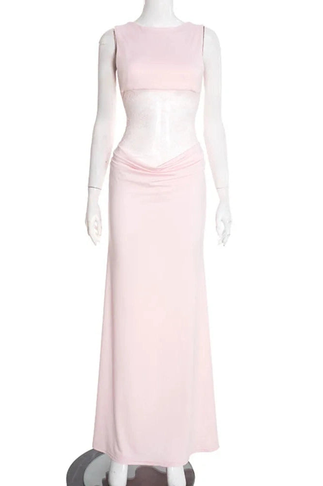 Glorol - Backless Sleeveless Lace Patchwork High Waist Bodycon Maxi Dress