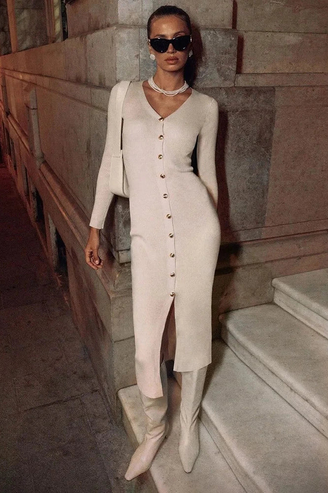 Elegant Long Sleeve Knitted Slim Midi Dress