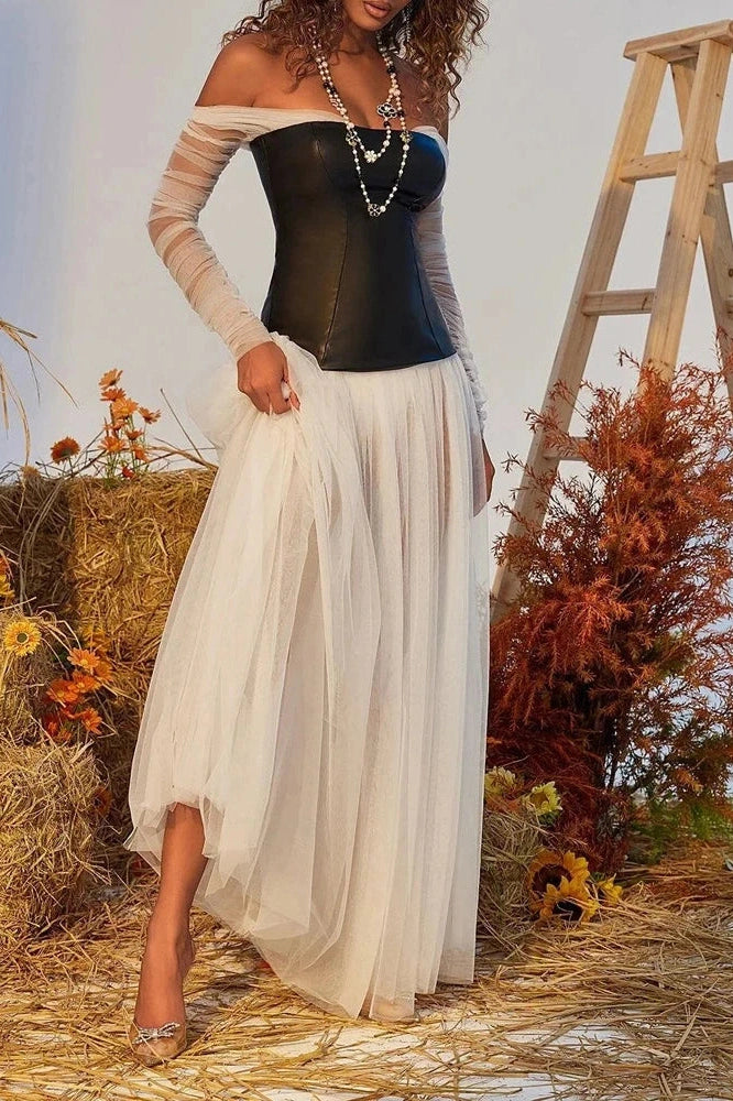Glorol - Off Shoulder Pleated High Waist PU Leather Maxi Dress