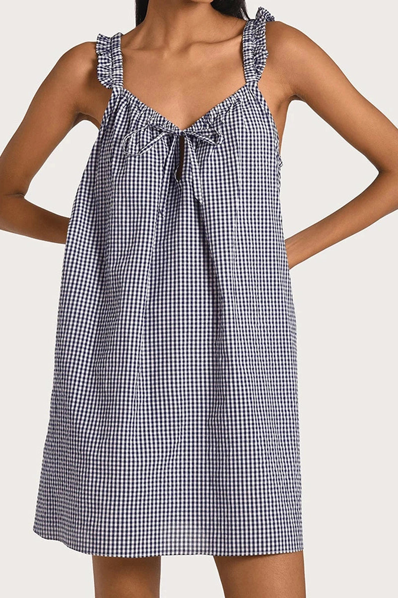 Glorol - Sleeveless Tie-Up Plaid Loose Mini Dress