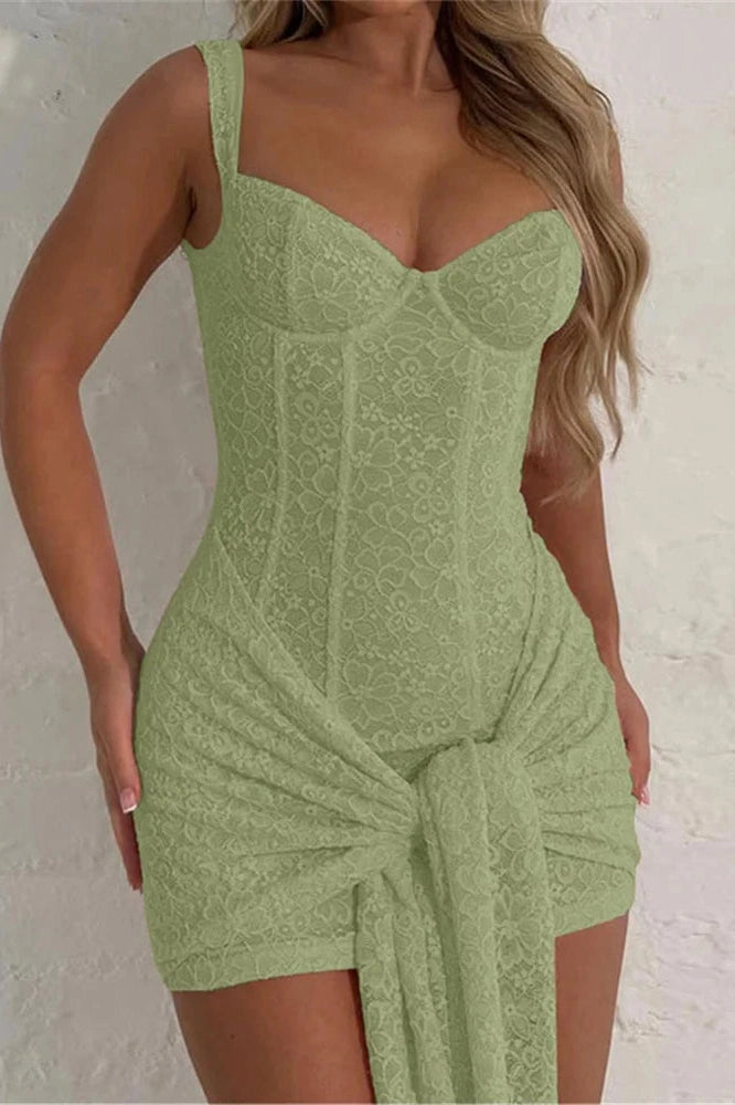 Glorol - Lace Slim See-Through High Waist V-Neck Bodycon Mini Dress