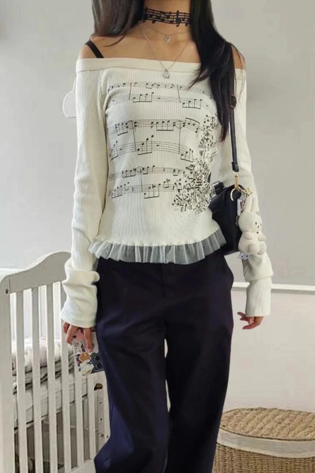 Glorol - Off-Shoulder Long Sleeve Print Slim Fit Top