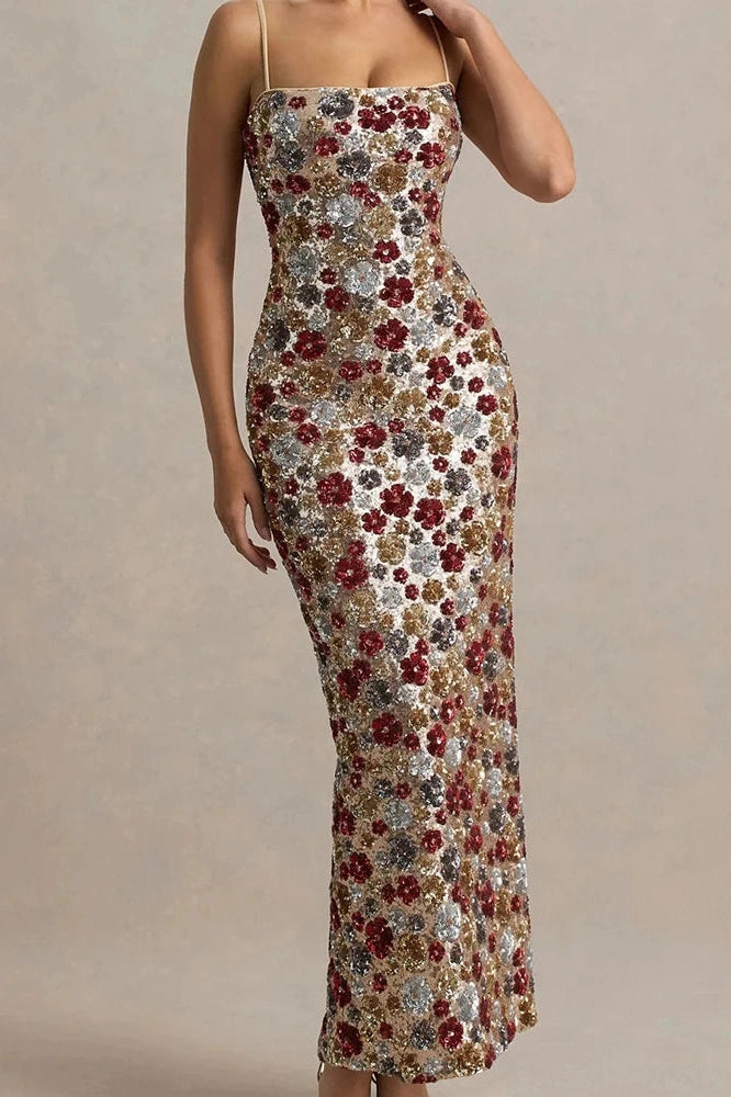 Glorol - Elegant Backless Sleeveless Floral Printed Maxi Dress