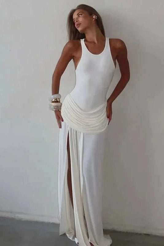 Glorol - Elegant Slit Pleated Sleeveless Slim High Waist Patchwork Maxi Dress