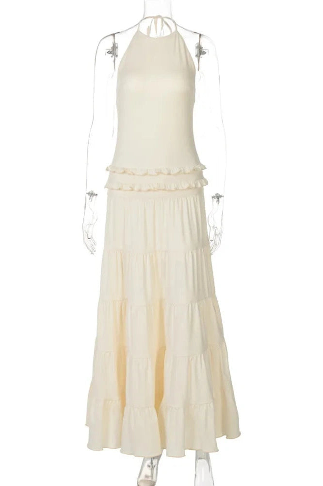 Glorol - Backless Pleated Sleeveless High Waist Lace-Up A-Line Maxi Dress