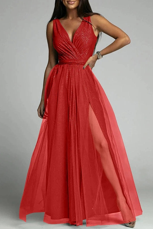 Glorol - Elegant Lace Sleeveless V Neck Maxi Dress