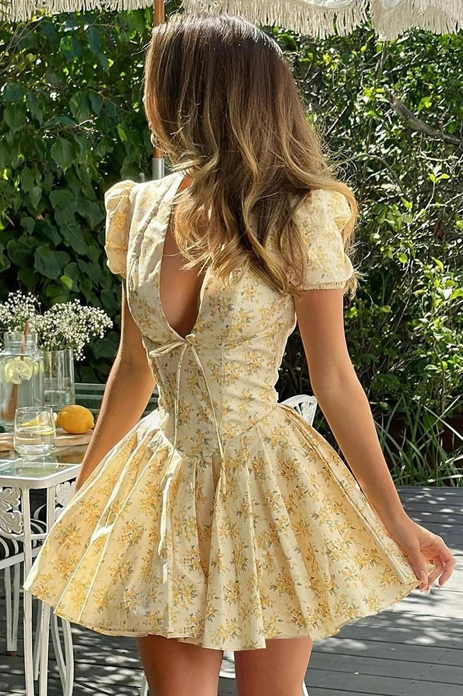 Glorol - Printed Deep V Neck Patchwork Short Sleeve Mini Dress