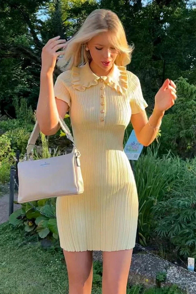 Glorol - Short Sleeve High Waist Knitted Slim Fit Mini Dress