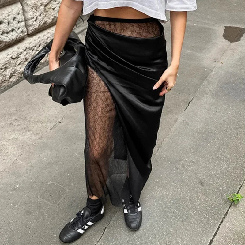Glorol - Lace Splice See Through High Waist Skirt