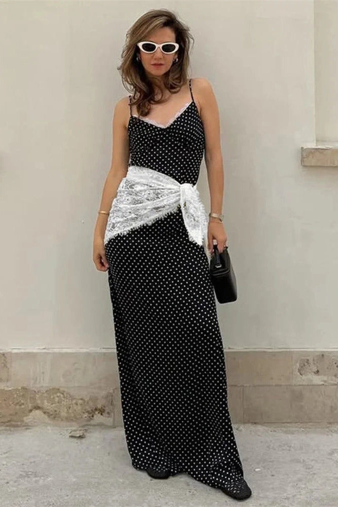 Glorol - Lace Patchwork Printed Slim V-Neck Backless Maxi Dress