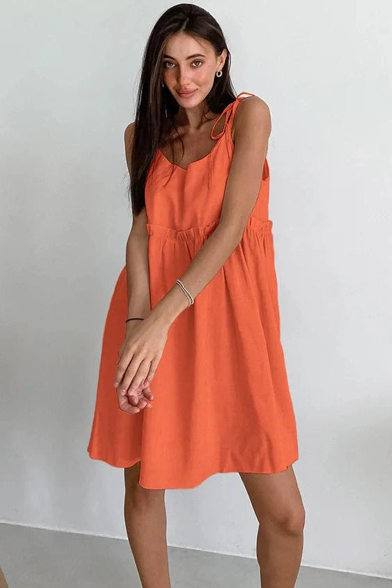 Glorol - Spaghetti Strap Loose Cotton Lace Up Mini Dress