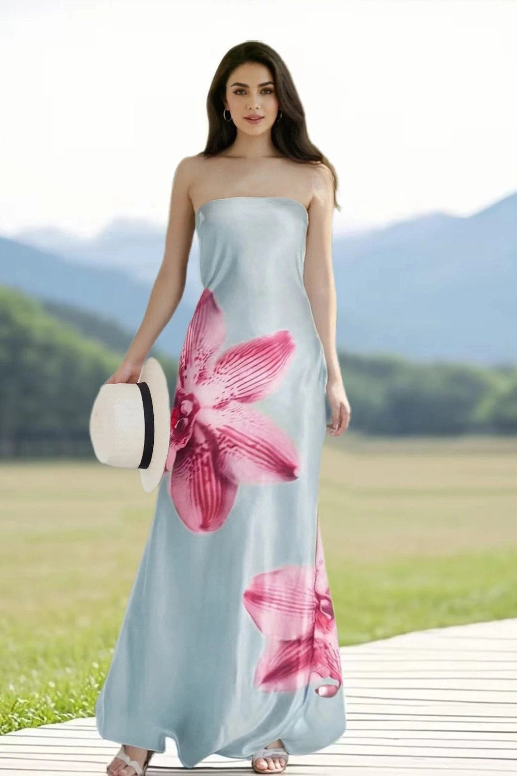 Glorol - Sleeveless Off-Shoulder Flower Print Maxi Dress