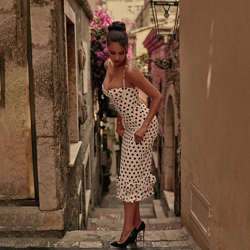 Glorol - Polka Dot Slim Sleeveless Midi Dress