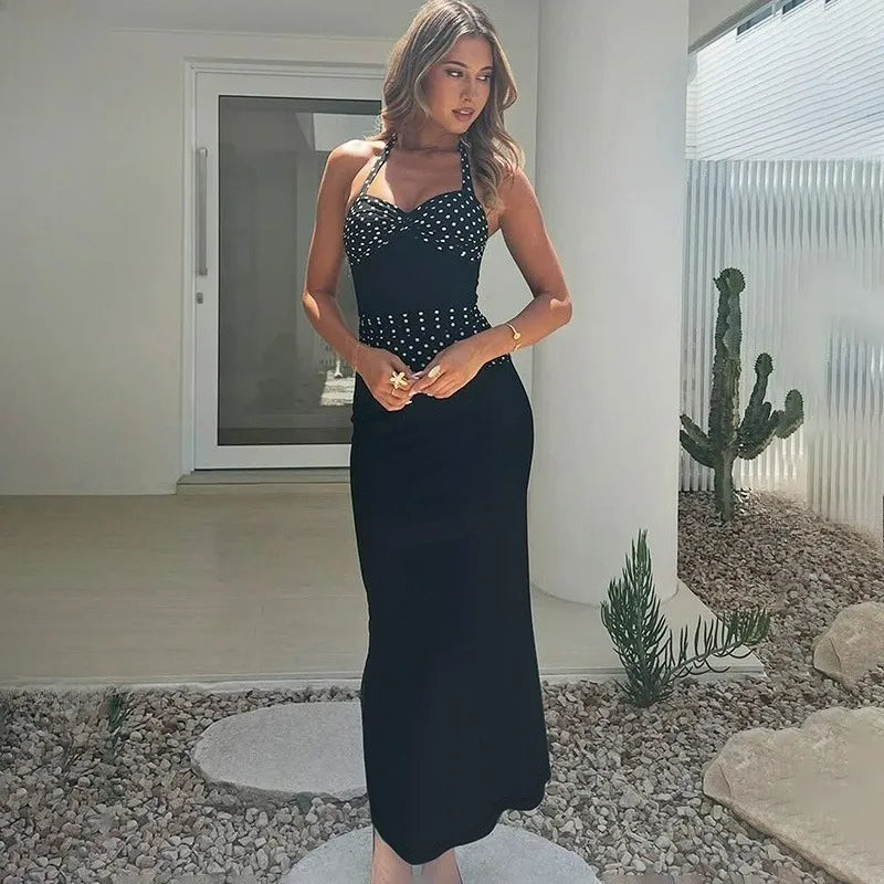 Glorol - Polka Printed Lace-Up V-Neck Patchwork Maxi Dress