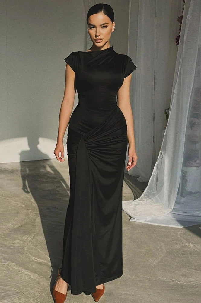 Glorol - Elegant Slim Pleated Lace Up Short Sleeve Maxi Dress
