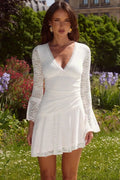 Glorol - Hollow Out Lace Flare Sleeves Deep V-Neck Slim Mini Dress